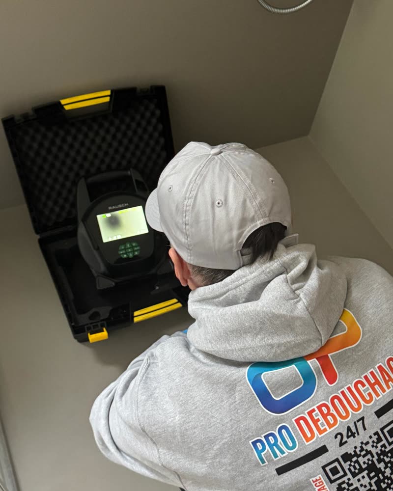 Inspection camera monitor and technician in Pro Débouchage gear.