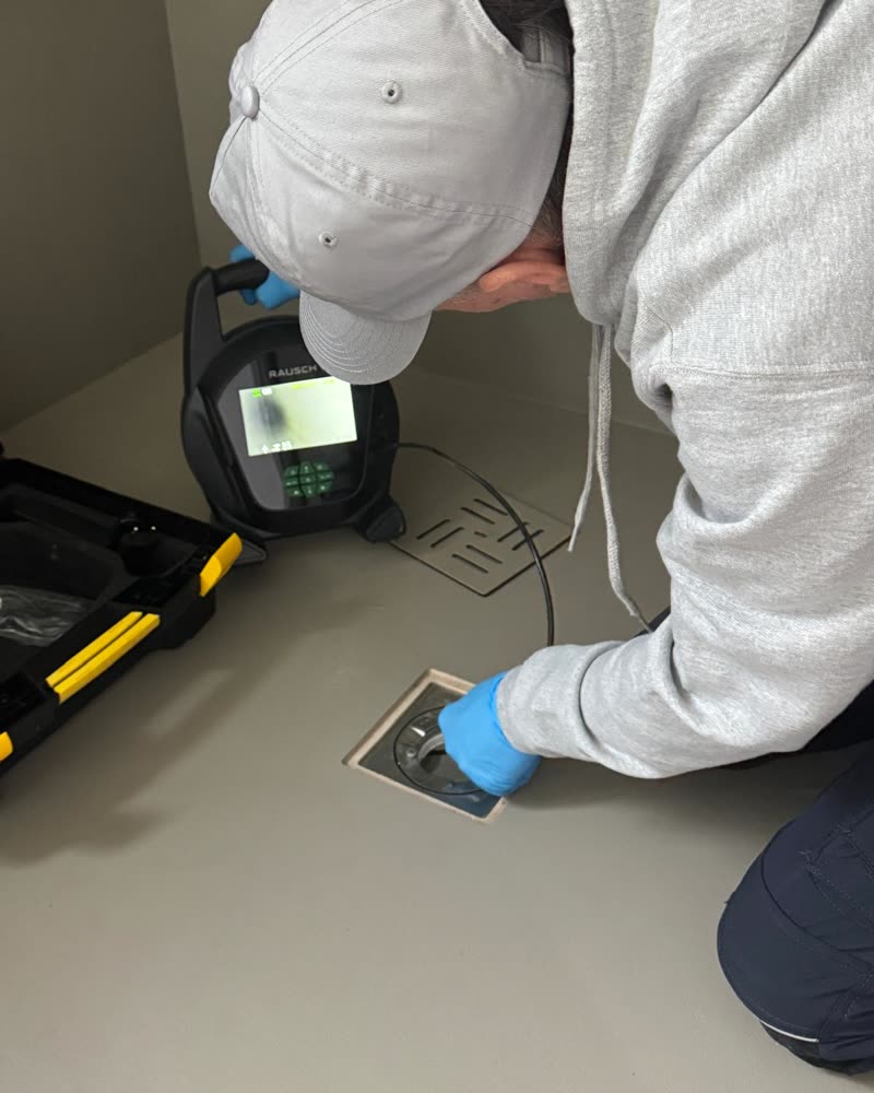 Inspecting a floor drain with a sewer camera.